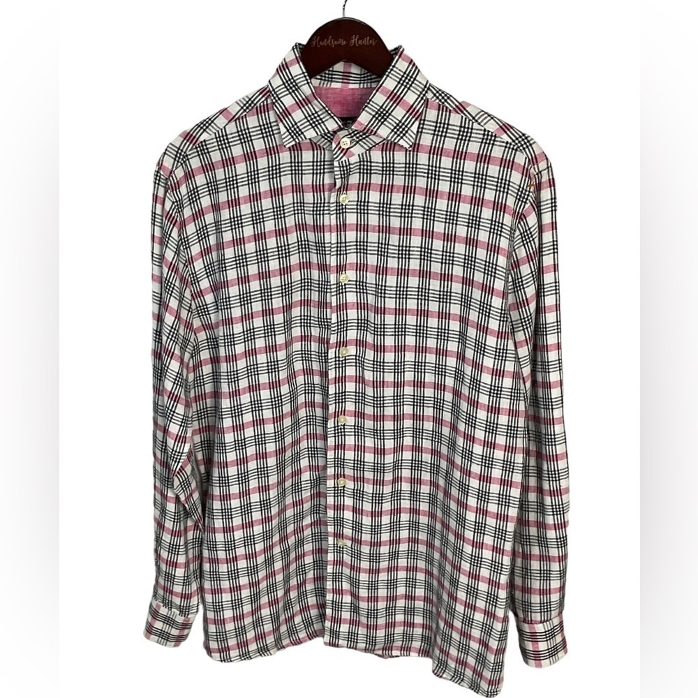 Pronto Uomo Mens Linen Pink Plaid Long Sleeve Button Up Shirt Size M R2
